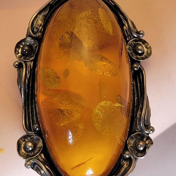 Vintage Sterling Chunky Large Oval Baltic Amber Pendant Art Nouveau Style Design - Picture 7 of 9